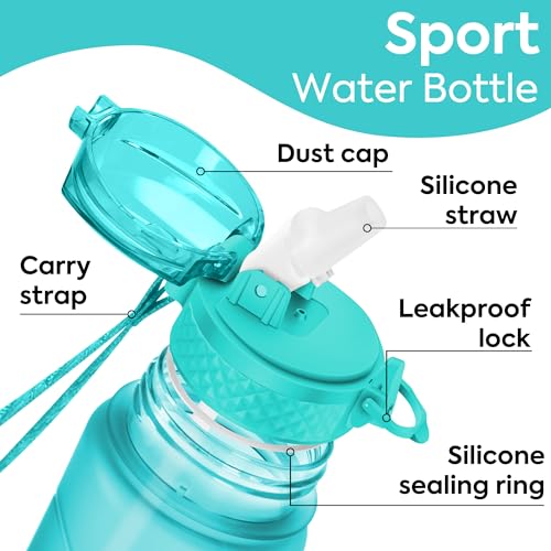 OLDLEY Kids Water Bottle with Straw for School Girls Boys, 15 oz Unbreakable Leak-Proof BPA-Free Motivational Water Bottles with Times to Drink for Travel Sports Gym, 1 Straw Lid, Mint - color: A-Mint, style: Straw Lid