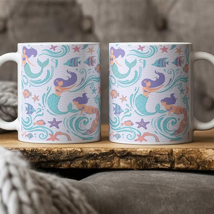 Mermaid Ceramic Coffee Mug, Underwater Playful Fish Starfish Summer Aqua Novelty Office Drinking Cup with Handle Ideal for Friendship Family Colleague Staff Sweetheart Teachers 11 Oz - size: 11 Ounces