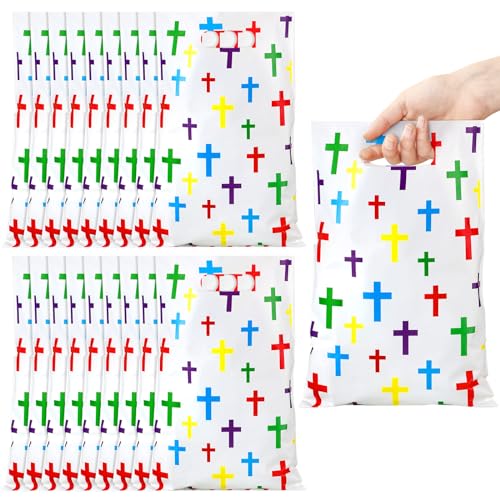 Panelee 100 Pcs Colorful Cross Christian Plastic Goody Bags with Handles - style: Colorful Cross