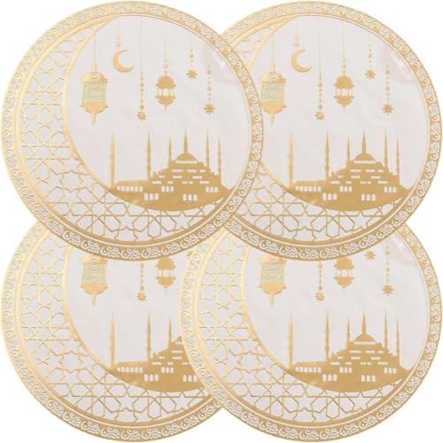 Sanfly Ramadan Placemat 4pcs Eid Mubarak Placemat Gold Moon Star Dining Table Place Mat for Islam Muslim Festival Party