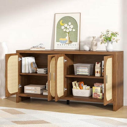 Fiogmub Rattan Sideboard Buffet Cabinet with Storage, Wooden Cabinet | 4 Doors Adjustable Shelves, for Kitchen, Dining Room, Entryway - color: Walnut