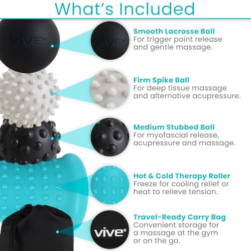 Vive Massage Ball Set (4 Piece) - Plantar Fasciitis Relief Foot Pain Hot Cold Therapy - Heel Spur, Sore Muscle, Trigger Point, Back, Arm, Neck, Shoulder, Leg Circulation Roller