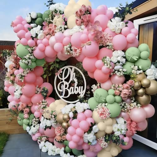 Pink and Green Balloons, Sage Green White Sand Party Balloons Chrome Metallic Gold Balloons Green Pink Latex Balloons for Kids Adults Boho Birthday Jungle Safari Party Wedding Baby Shower Graduation - color: Sage Green Pink