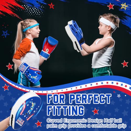 Boxing Gloves and Punching Mitts Set 4oz Gloves Boxing Pads Kids Youth Sparring Gear Training Equipment for Taekwondo Kick Karate Muay Thai MMA Martial Art - style: Blue Hero