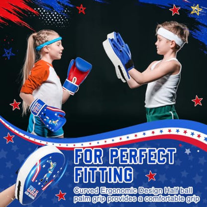 Boxing Gloves and Punching Mitts Set 4oz Gloves Boxing Pads Kids Youth Sparring Gear Training Equipment for Taekwondo Kick Karate Muay Thai MMA Martial Art - style: Blue Hero