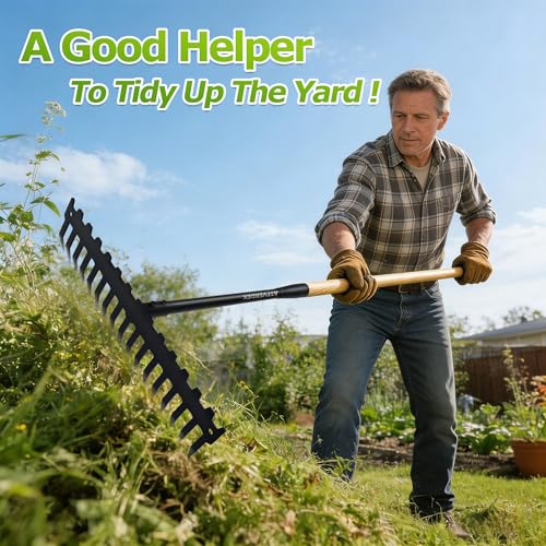 Garden Rake, 60" Wooden Handle with 17-Tine Metal Bow Rake, Secure Fit | Stop Back Pain! Rock Rake Heavy Duty for Loosening Soil,Leveling Gravel,Clearing Fallen Leaves,Removing Sod and Landscaping