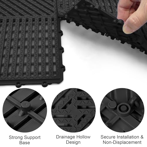 MYFAMIREA Modular Interlocking Cushion 12 Pack 11.8" x 11.8" Rubber Floor Tiles Non-Slip Splicing Drainage Mats for Deck, Pool, Shower, Patio, Balcony, Bathroom, Kitchen, Yard (Diagonal, Black) - size: 12 PCS-Diagonal