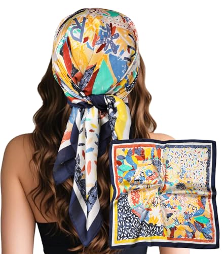 Sumolux Head Hair Scarf for Women Like Satin Silk Scarf Bandana Hair Wrapping Night Large Square Scarves 27.5" - color: Blue Lucky Flower