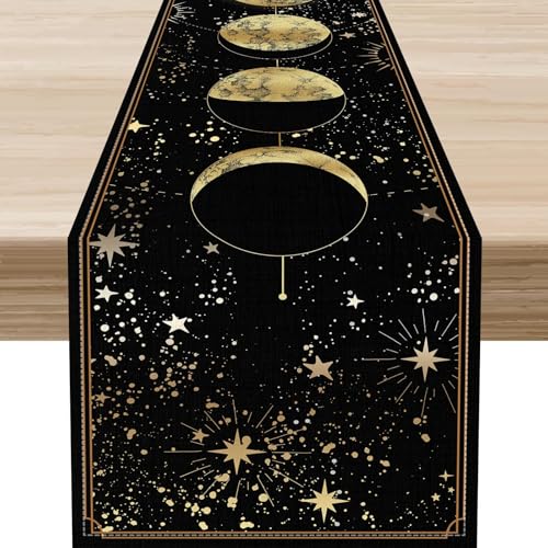 Moon Phase Table Runner, Boho Astrology Moonlit Starry Mystical Witch Hippie Table Center Decor for Home Kitchen Dining Patio Holiday Party Indoor Outdoor Table Decorations, 13"x36" Inch - color: Moonlit-1, size: 13x36" Table Runner