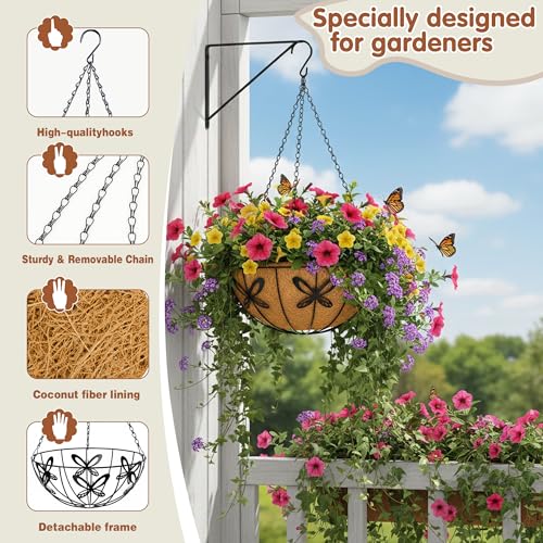 14 inch Metal Hanging Baskets For Plants Outdoor 4 Pack Round Metal Wire Hanging Basket Planter with Coco Fiber Liners Chain Round Wire Plant Holder for Garden, Patio, Deck, Porch Plants Flower Potss - size: 14 Inch, style: Butterfly