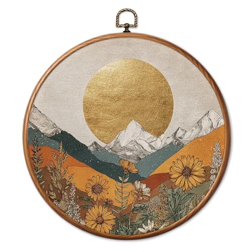 Chicimln Boho Golden Sun Mountain Floral Round Wall Art Framed Canvas Prints, Antique Wildflower Nature Landscape Circle Wall Hanging Decor for Home Bedroom Living Room Office 10x10 Inch - color: Boho Sun 09