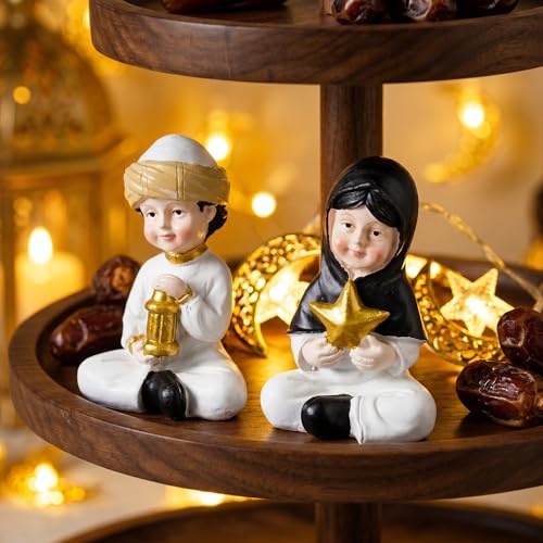 Ramadan Decorations Islamic Home Decor Muslim Boy and Girl Figurines Holding Lantern and Star Resin Table Centerpieces for Office Kids Eid Gifts Ideas Room Desktop Ornament