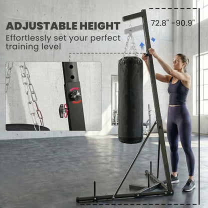 Soozier Punching Bag with Stand for Adults, 72.8"-90.9" Height Adjustable Freestanding Boxing Stand with Canvas Sandbag, Stable Triangular Base and 1" Weight Plate Storage for Home Gym MMA - color: Black