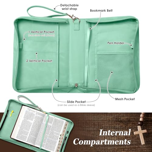 Leather Bible Cover for Women, Zippered Floral Case with Handle, Green | Bible Study, Church, Journaling & Travel - color: Sage Green