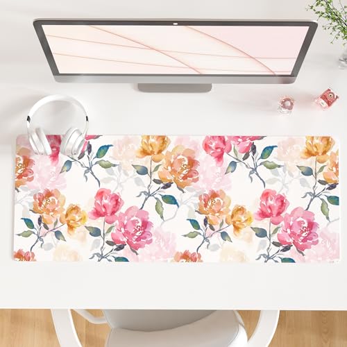 QiyI PU Leather Large Mouse Pad, Office Desk Mat, 31.5" x 11.8", Peonies | Desk Décor Accessories, Extended Size, Waterproof & Easy to Clean, Smooth Surface, Non Slip Desk Organization - color: Watercolor Peonies, size: 31.5" x 11.8"