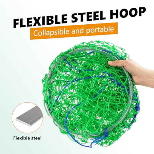 QualyQualy Large Bridge and Pier Fishing Net 32''/39'' Hoop, Foldable Drop Net Pier Fishing for Saltwater with Rope, Landing Net with Nylon Mesh, Collapsible Soft Steel Ring - color: Green, size: M: 32''×36''