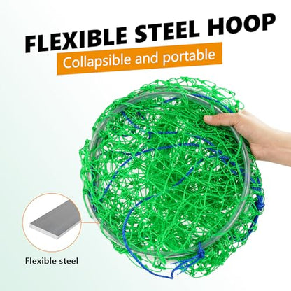 QualyQualy Large Bridge and Pier Fishing Net 32''/39'' Hoop, Foldable Drop Net Pier Fishing for Saltwater with Rope, Landing Net with Nylon Mesh, Collapsible Soft Steel Ring - color: Green, size: L: 39''×36''