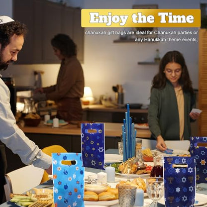 Geyoga 100 Pcs Eid Ul Fitr Gift Bags Ramadan Party Favor Bags Plastic Ramadan Blue Star of David Dreidel Treat Candy Bag with Handles for Eid Ul Fitr Party Supplies - style: Hanukkah
