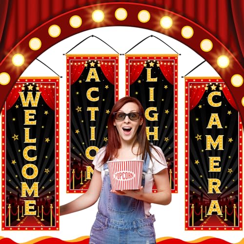 Panelee 4 Pcs Movie Night Porch Banner Movie Themed Party Decorations Theater Welcome Lights Camera Action Front Door Sign Hanging Decoration for Home Photo Film Booth Backdrop Party Supplies - style: Movie Night