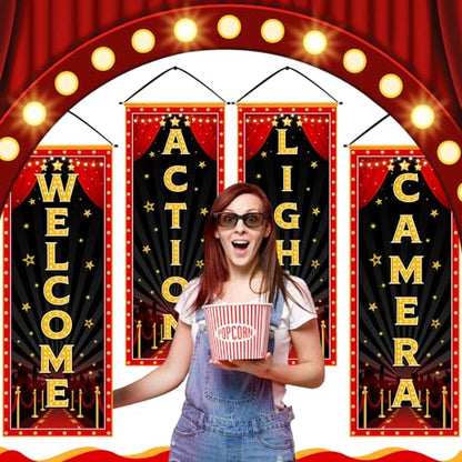 Panelee 4 Pcs Movie Night Porch Banner Movie Themed Party Decorations Theater Welcome Lights Camera Action Front Door Sign Hanging Decoration for Home Photo Film Booth Backdrop Party Supplies - style: Movie Night