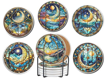 Moon Coaster, Ceramic, Set of 6, with Gift Box, Absorbent with Cork Base, Stain Glass Stlye Gifts for Moon Lovers, Home Decor for Housewarming, Thanksgiving, Birthday, Christmas