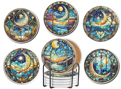 Moon Coaster, Ceramic, Set of 6, with Gift Box, Absorbent with Cork Base, Stain Glass Stlye Gifts for Moon Lovers, Home Decor for Housewarming, Thanksgiving, Birthday, Christmas
