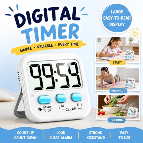 2 Pack Digital Timer for Kids Classroom Kitchen Timers for Cooking | w/ Battery, Easy to View, Alarm, Mute Mode, Count Down/Up, Magnetic, Kickstand, Hanging, Classroom Timer for Teacher Supplies - color: 2 * Classic White ( 97%+choice )