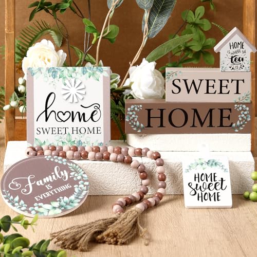 Yousoontic 7 Pcs Home Sweet Home Wooden Table Decorations, Farmhouse Tiered Tray Decor Rustic, Wood Block Signs Table Centerpieces Bead Garland for Kitchen Tabletop Housewarming - style: Home Sweet Home