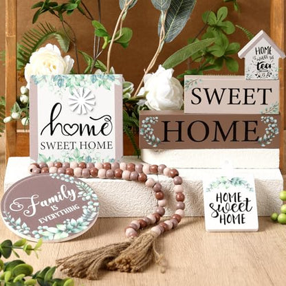 Yousoontic 7 Pcs Home Sweet Home Wooden Table Decorations, Farmhouse Tiered Tray Decor Rustic, Wood Block Signs Table Centerpieces Bead Garland for Kitchen Tabletop Housewarming - style: Home Sweet Home