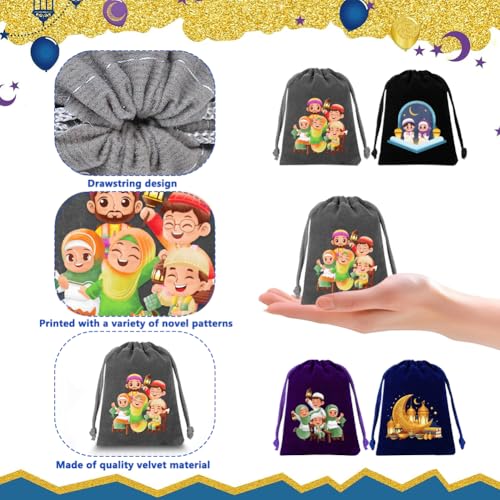 12 Pcs Mini Ramadan Velvet Drawstring Bags,Eid Mubarak Gift Bags Islamic Mosque Moon Star Drawstring Pouches Dice Jewelry Packing Bag for Arabic Muslim Islam Eid al-Adha Party Favor,2.7x 3.5 Inch