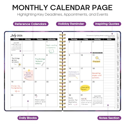 Planner 2026–2027, Academic Monthly Weekly Spiral Calendar, July 2026 – June 2027, Hardcover Agenda Notebook with Tabs, 6.3" x 8.5", Perfect for Students, Teachers, School & Daily Planning - Violet Lagoon - color: R-Violet Lagoon, size: (6.3"x8.5")a5
