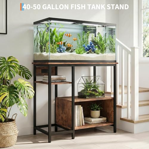 Garvee 40-50 Gallon Fish Tank Stand with Power Outlets, Heavy Duty Metal and Wood Aquarium Stand with 4-Tier Open Storage Shelves and Sturdy Legs