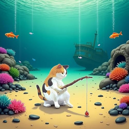 Fish Landscaping Fishing Cat Ornaments Mini Resin Figurine Cartoon Cat Statue for Home Office Aquarium Decoration Fishing Cat Figurine Aquarium Décor