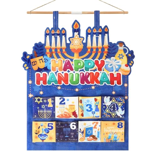 HOWAF 8 Nights of Hanukkah Fabric Advent Calendar with Pockets for Filling, Festival of Lights Linen Hanukkah Home Wall Decorations Candlestick Design Candy Cookie Packing Fill Yourself