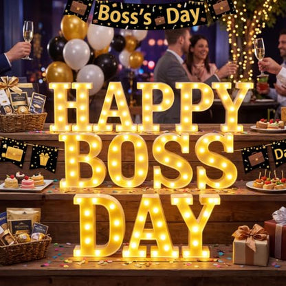Aurelema Decorations LED Lights Sign Battery Powered Table Decorations for Party Supplies Light Centerpiece(Happy Boss Day) - size: 8.27 inches, style: Happy Boss Day