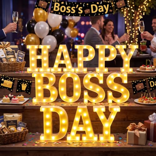 Aurelema Decorations LED Lights Sign Battery Powered Table Decorations for Party Supplies Light Centerpiece(Happy Boss Day) - size: 8.27 inches, style: Happy Boss Day