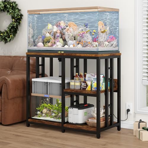 Heavy Duty 40-50 Gallon Aquarium Stand with Power Outlets, 3-Tier Adjustable Metal Fish Tank Stand with Storage Shelf for 5-10 Gallon Tanks, Reptile Terrariums & Supplies Organizer, 720LBS Capacity - color: Black + Brown