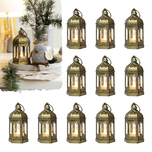 Mini Moroccan Lanterns with Flicker LED Candles Set of 12, Gold Vintage Decorative Hanging Lanterns for Ramadan, Christmas, Halloween, Wedding, Party, Table Centerpiece, ABS Plastic and Glass - color: Gold Brushed