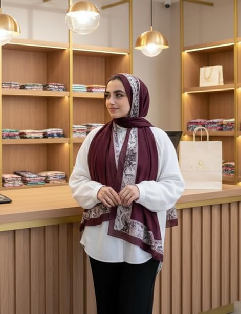 Hijab Modest and Elegant | Beautifully Designed Printed Chiffon Patterns | Muslim Women Head Scarf and Veil - color: Red D