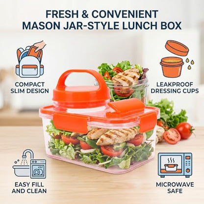 Fockety Salad Container, Portable Leakproof Salad Podd, On the Go Microwave Safe Lunch Box with Dressing Container and Reusable Fork for Office, Work, Travel and Picnic (Orange)