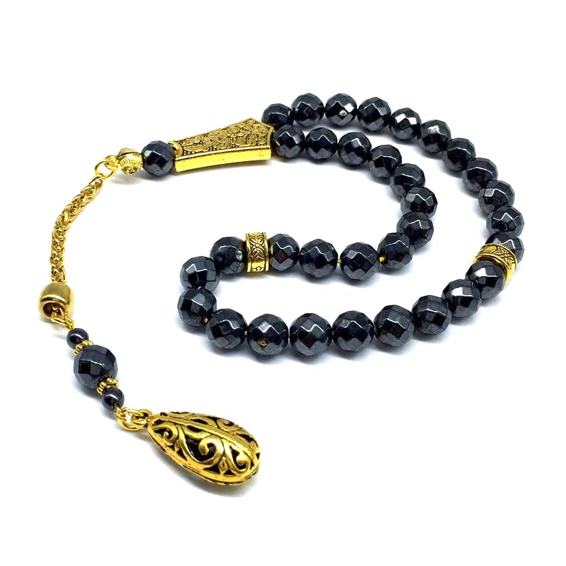 Design - Long & Stylist Tassels Worry Beads - Prayer Beads (8 mm-33 Beads) Tesbih-Tasbih-Tasbeeh-Misbaha-Subha-Sebha-Sibha-Rosary (Non-Magnetic Faceted Hematite 8mm 33 Beads - Gold Tassel) - color: Non-Magnetic Faceted Hematite 8mm 33 Beads - Gold Tassel