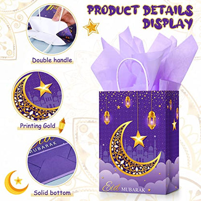 Censen 16 Sets Eid Mubarak Gift Bags with Tissue Paper, Ramadan Goodies Bags for Ramadan Party Supplies Favor (Purple) - color: Purple