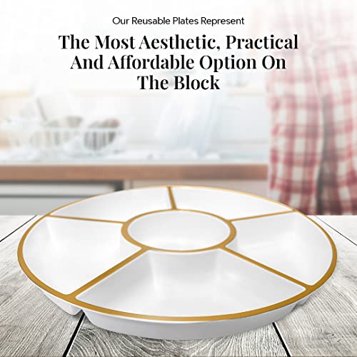 R-kay 4 Pack, 6 Sectional White Plastic Serving Trays For Party With Gold Rim - Heavy Duty Gold Party Trays For Serving Food - 12 Inch Platters - color: White And Gold