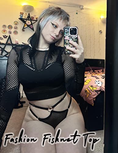 Avidlove Fishnet Top Women Mesh Blouse See Through Shirt Rave Goth XS-3XL | Big Chunky Fabric, Long Sleeve, Cropped, Crew Neck, With Bound Trim, Sexy Edgy Style, Perfect for Goth, Punk, Rock, Clubwear - color: A-black, size: Medium