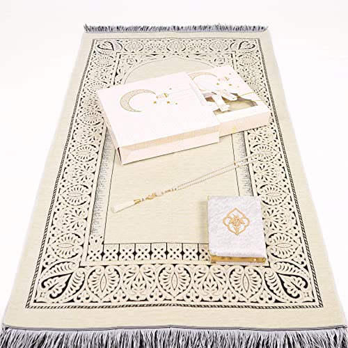 IEF Muslim Prayer Rug Islamic Prayer Mat Quran Prayer Beads Gift Set, Ramadan Eid Gifts, Birthday Gifts for Women, Mothers Day Gifts, Velvet Prayer Rug Arabic Quran Pearl Tasbeeh - color: Beige with Bag