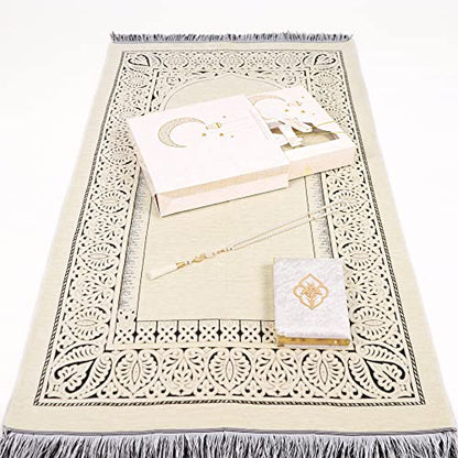 IEF Muslim Prayer Rug Islamic Prayer Mat Quran Prayer Beads Gift Set, Ramadan Eid Gifts, Birthday Gifts for Women, Mothers Day Gifts, Velvet Prayer Rug Arabic Quran Pearl Tasbeeh - color: Beige with Bag