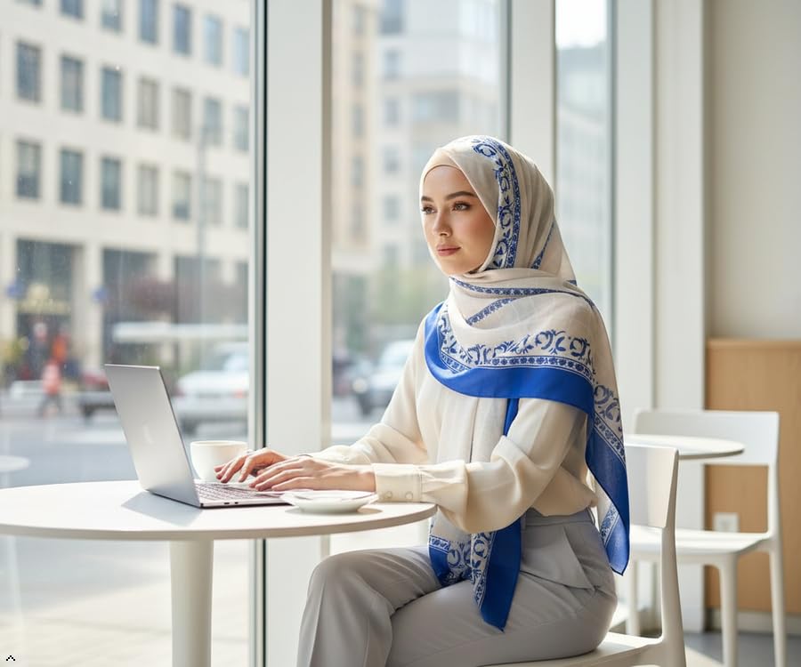 Hijab Modest and Elegant | Beautifully Designed Printed Chiffon Patterns | Muslim Women Head Scarf and Veil - color: Blue