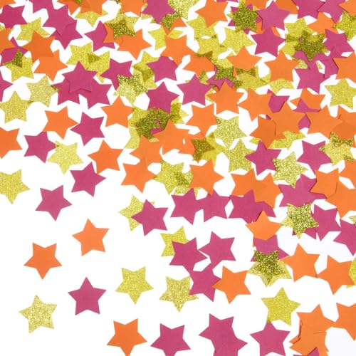 Hot Pink Orange and Gold Star Confetti Table Decoration for Baby Shower Birthday Wedding Graduation Fall Autumn Groovy Theme Party,1.2 inch in Diameter,200 Counts - color: Gold Hot Pink and Orange