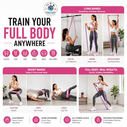 12 PCS Resistance Bands Set for Working Out – Fabric Booty & Long Exercise Bands for Women & Men with 3 Carry Bags, Door Anchor, Measuring Tape & Workout Guide