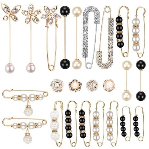 24 Pcs Pearl Crystal Brooch Fashion Sweater Shawl Clips Neckline Safety Pant Waist Pin Dress Shirt Clips for Women Clothes Sweater Shawl Collar Dress Cardigan Shirt Jeans Accessories